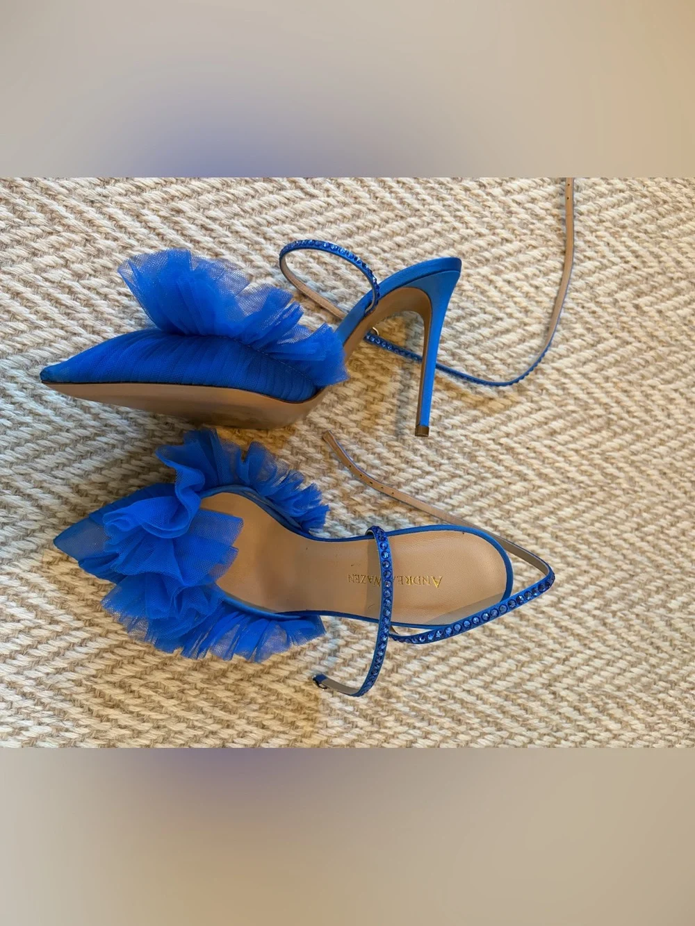 Like New! Andrea Wazen Blue Tulle Ruffle Ankle-Strap Stiletto Heels | Size 36.5